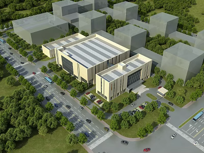Modern Design Industrial Factory Aerial View With Greenery Roads And Parking Vehicles 3d model