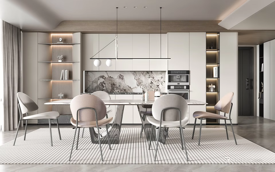 Modern Elegant Restaurant Interior With Dining Table Chairs Pendant Lights White Cabinets And Striped Carpet 3d model 