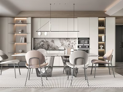 Modern Elegant Restaurant Interior With Dining Table Chairs Pendant Lights White Cabinets And Striped Carpet 3d model