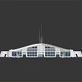 Cartoon Scene of Modern Building Model with Glass Windows Central Tower and Symmetrical White Structure