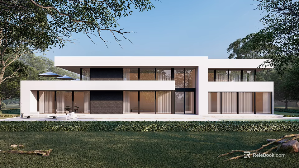 Modern Homestay Building Featuring White Exterior Large Glass Windows Green Lawn And Trees 3d model 
