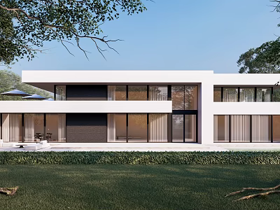 Modern Homestay Building Featuring White Exterior Large Glass Windows Green Lawn And Trees 3d model