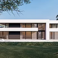 Modern Homestay Building Featuring White Exterior Large Glass Windows Green Lawn And Trees