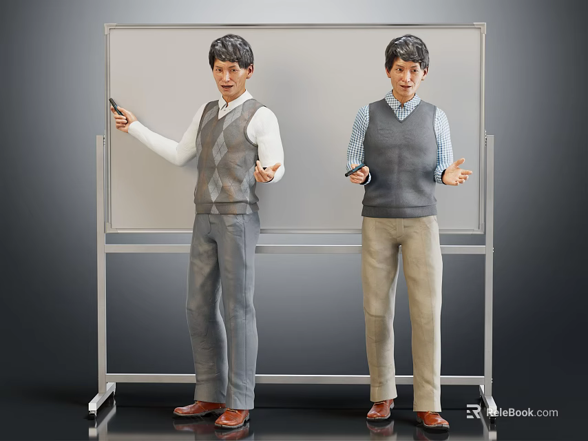 Two Men Standing in Front of Whiteboard Demonstrating With Vests Shirts Pants And Pointers 3d model 