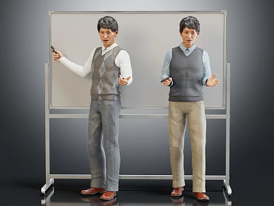Two Men Standing in Front of Whiteboard Demonstrating With Vests Shirts Pants And Pointers 3d model