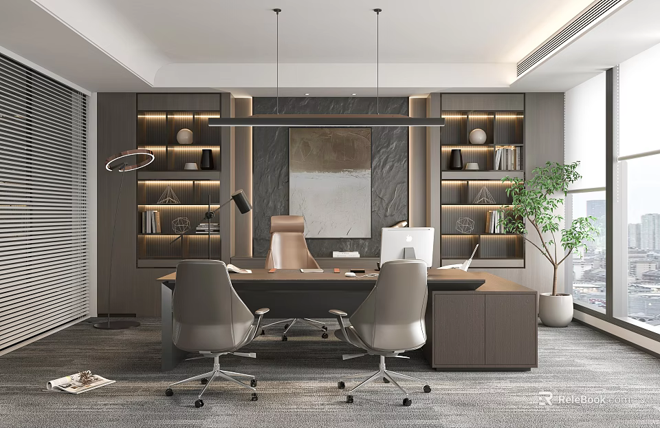 Modern Office Interior With Executive Desk Gray Chairs Bookshelves Pendant Lights And Green Plant 3d model 