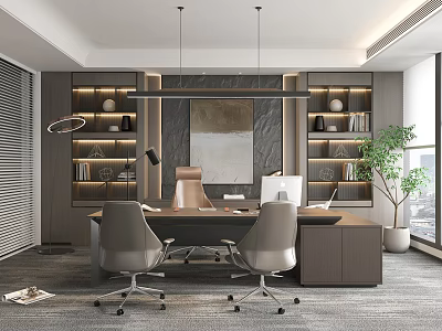 Modern Office Interior With Executive Desk Gray Chairs Bookshelves Pendant Lights And Green Plant 3d model