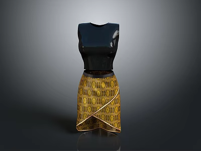 Fashionable Black Sleeveless Top Paired With Yellow Geometric Pattern Skirt 3d model