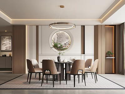 Modern Restaurant Interior With Round Dining Table Chairs Chandelier Circular Wall Art Green Plant And Wooden Walls 3d model