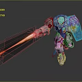Robot Character With Blue Shield Arm Emitting Orange Beam And Silver Red Blue Mechanical Armor