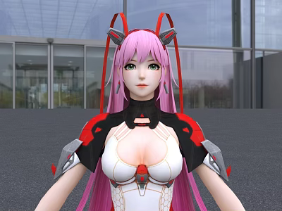 Anime Female Character with Pink Hair Cat Ears and Mechanical Outfit Near Modern Building 3d model