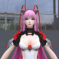 Anime Female Character with Pink Hair Cat Ears and Mechanical Outfit Near Modern Building