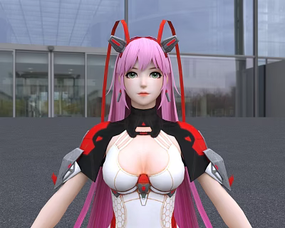 Anime Female Character with Pink Hair Cat Ears and Mechanical Outfit Near Modern Building 3d model