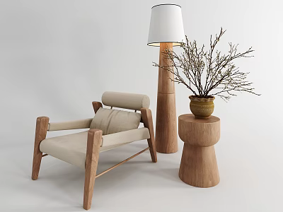 Stylish Accent Chair With Wooden Frame Beige Cushion Floor Lamp Side Table Vase Twigs 3d model