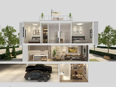 Detached Villa Interior Layout With Bedrooms Living Room Kitchen Garage And Trees 3d model