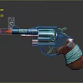 Blue Metal Revolver With Green Strapped Grip Firing Flame And Smoke 3d model