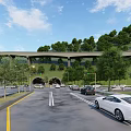 Road Infrastructure with Tunnel Multi lane Road Moving Vehicles Guardrails and Greenery at Sunset