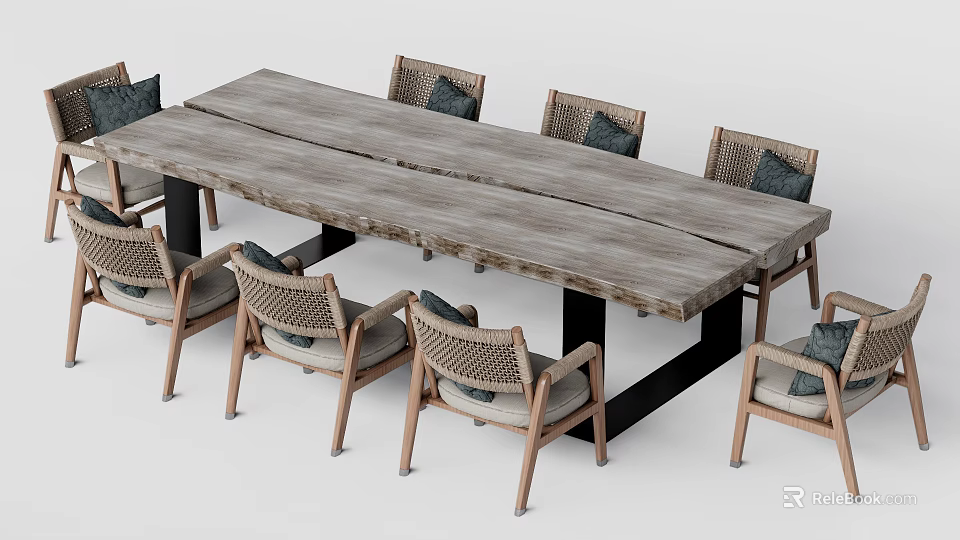 Rustic Wooden Dining Table Set With Rattan Chairs And Black Metal Legs 3d model 