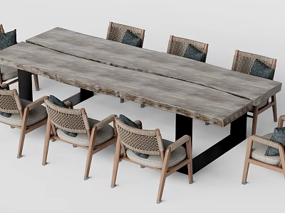Rustic Wooden Dining Table Set With Rattan Chairs And Black Metal Legs 3d model