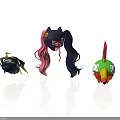 Cartoon Character Heads With Wing Decorations Cat Ear Long Hair And Bird Beak Design