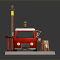 Red Japanese Style Food Truck With Signboard Lantern Awning Tables And Stone Pavement
