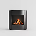 Sleek Modern Black Cylindrical Fireplace With Burning Wood And Flames Inside