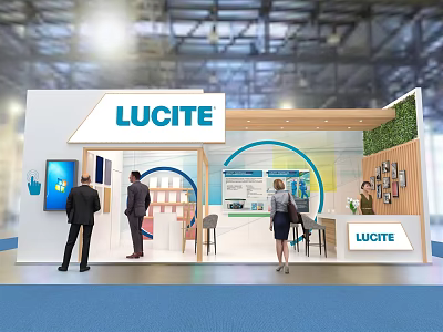 Modern LUCITE Exhibition Booth With Open Structure Green Plants And Visitor Displays 3d model