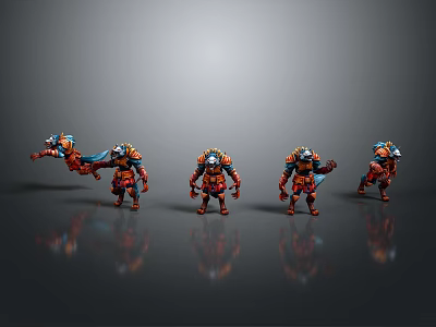 Armored Fantasy Characters And Creatures With Red Blue Armor In Different Poses On Grey Background 3d model