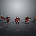 Armored Fantasy Characters And Creatures With Red Blue Armor In Different Poses On Grey Background