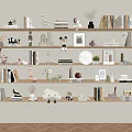 Wooden Shelves Display Decorative Ornament Combination With Books Sculptures Frames Plants Clock And Cloud Decor