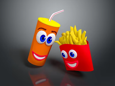 Cartoon Drink Cup With Straw And French Fries Box Featuring Smiling Faces And Eyes 3d model