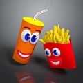 Cartoon Drink Cup With Straw And French Fries Box Featuring Smiling Faces And Eyes