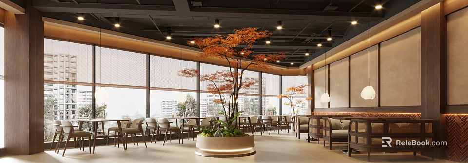 Modern Restaurant Space With Open Layout Large Windows Indoor Maple Tree And Cozy Seating 3d model 
