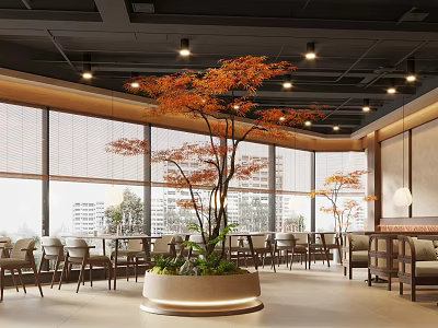 Modern Restaurant Space With Open Layout Large Windows Indoor Maple Tree And Cozy Seating 3d model