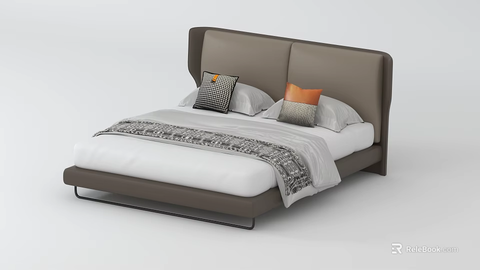 Modern Double Bed With Dark Gray Headboard White Mattress And Patterned Blanket 3d model