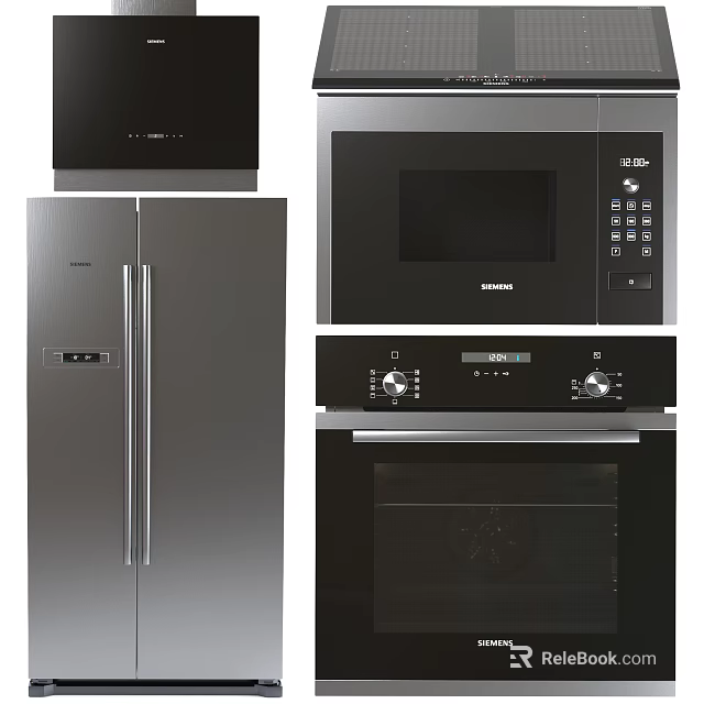 Modern Stainless Steel Kitchen Appliances Including Refrigerator Microwave Oven And Range Hood 3d model 