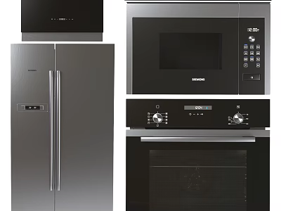 Modern Stainless Steel Kitchen Appliances Including Refrigerator Microwave Oven And Range Hood 3d model