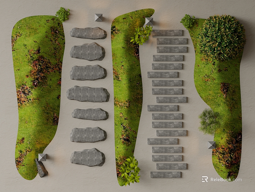 Stepping Stone Path Design In Garden With Green Grass And Landscape Plants 3d model 