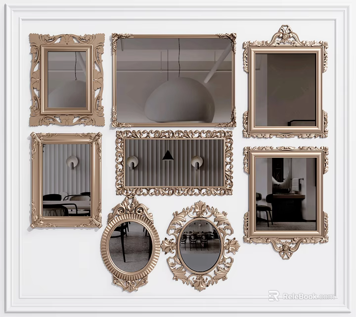 Multiple Decorative Mirrors With Gold Ornate Frames Various Shapes Displayed On Wall 3d model