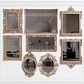 Multiple Decorative Mirrors With Gold Ornate Frames Various Shapes Displayed On Wall 3d model