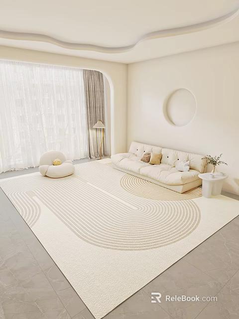 Minimalist Cozy Living Room With Light Sofa Large Wavy Stripe Rug And Circular Wall Decor 3d model 