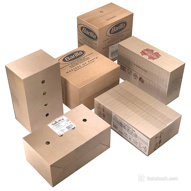 Different Types of Cardboard Cartons With Holes Labels and Brand Logos 3d model 
