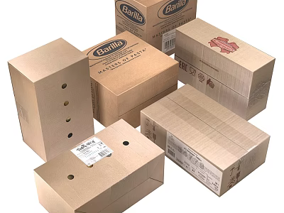 Different Types of Cardboard Cartons With Holes Labels and Brand Logos 3d model