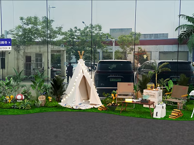 Outdoor Flower Arrangement Decor With White Tent Green Plants Lawn And Decorative Items 3d model