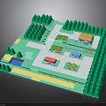 3D Garden Layout Design With Green Trees Buildings Water Feature And Pathways