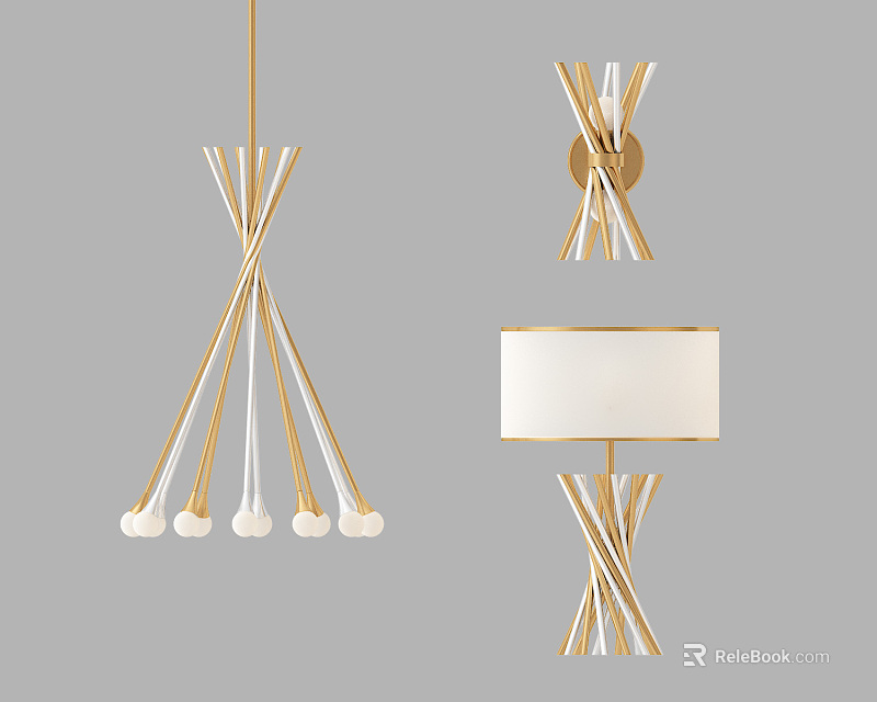 Elegant Modern Lighting Combinations With Intertwined Gold White Lines And Decorative Elements 3d model 