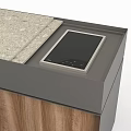 Modern Kitchen Cabinets With Wooden Panels Stone Countertop Sink And Appliance Area