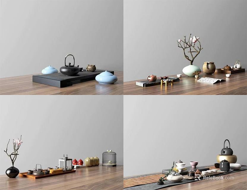 Elegant Traditional Ceramic Tea Set with Teapot Cups Tray and Decorative Plants on Wooden Table 3d model 