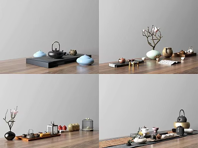 Elegant Traditional Ceramic Tea Set with Teapot Cups Tray and Decorative Plants on Wooden Table 3d model