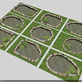 Multiple Water Fountains Arranged In Grid Pattern With Grassy Surroundings And Stone Edges